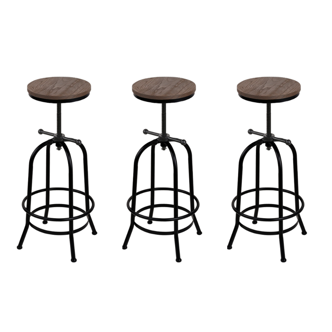 Set of 3 Adjustable Swivel Round Top Bar Stool Elm Wood & Steel - Brown & Black