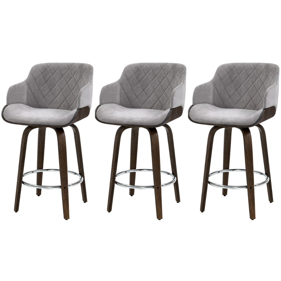 Set of 3 Swivel Wide Seat Bar Stool Velvet Padded Wooden - grey