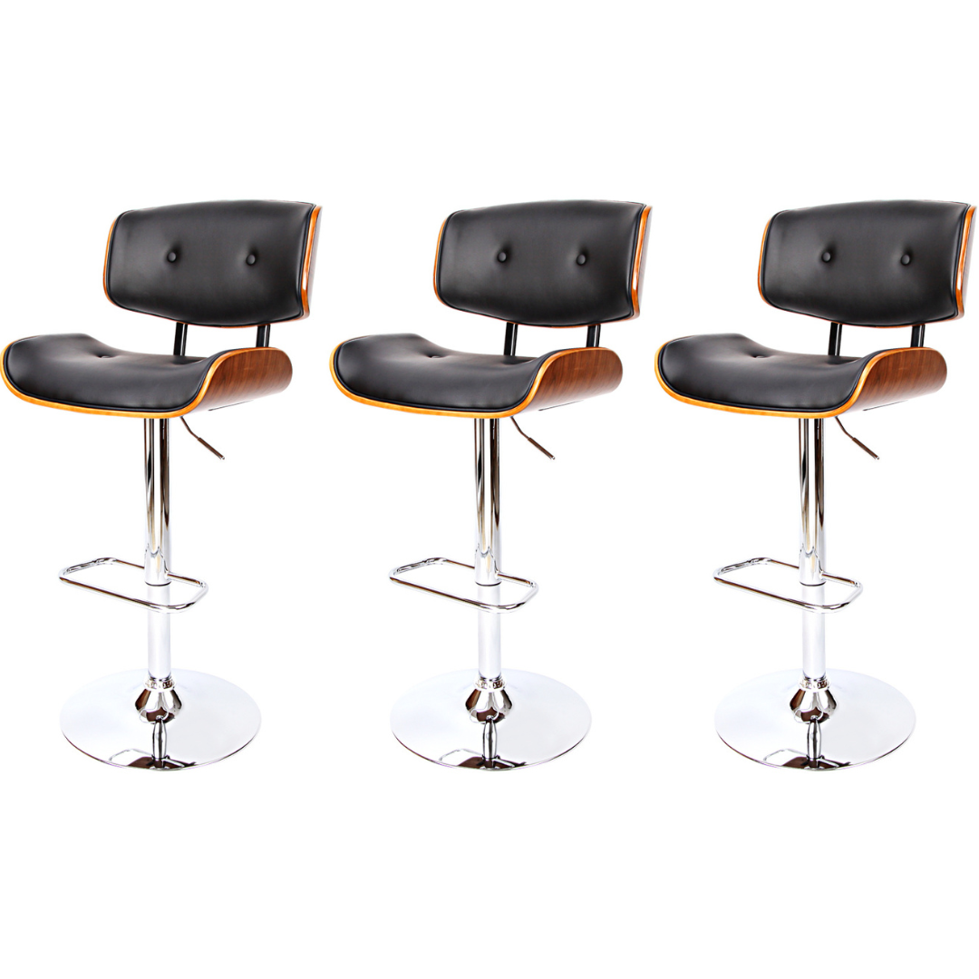 Set of 3 Swivel Gas Lift Bar Stool Wooden PU Leather Back Support - Black