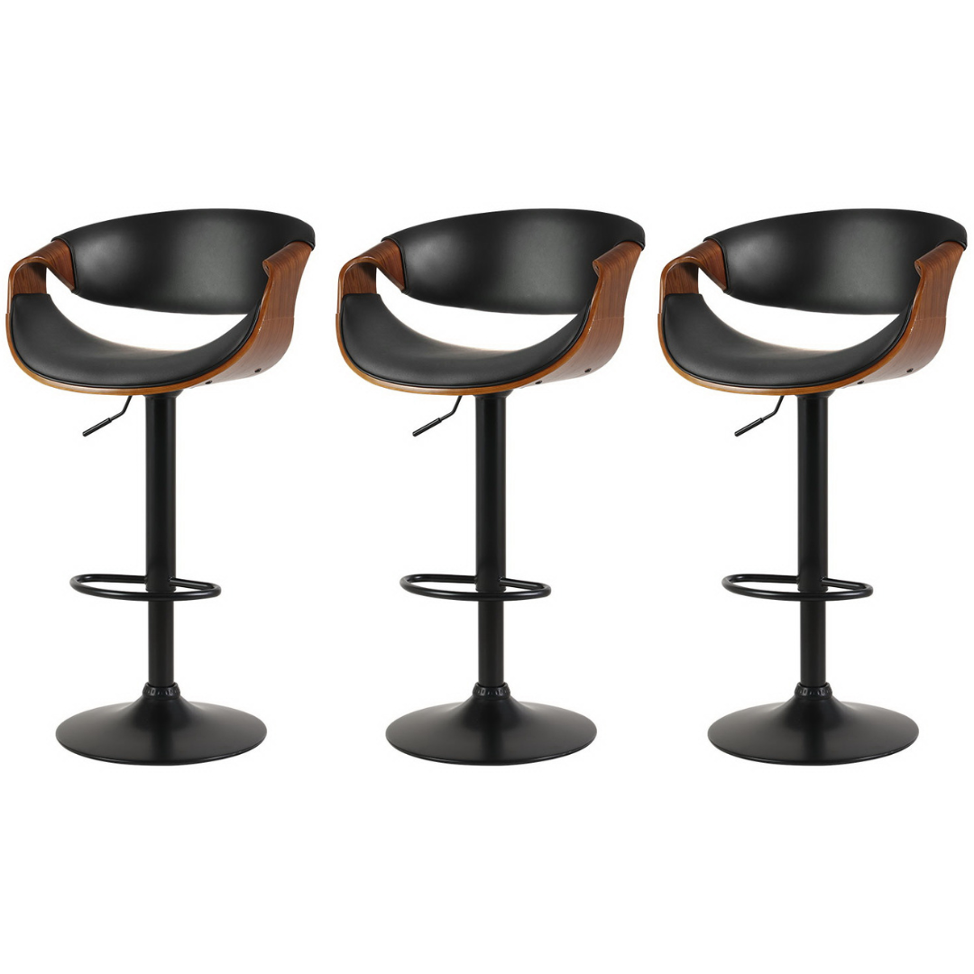 Set of 3 Swivel Gas Lift Bar Stool Wooden PU Leather Back Arm Support - Black