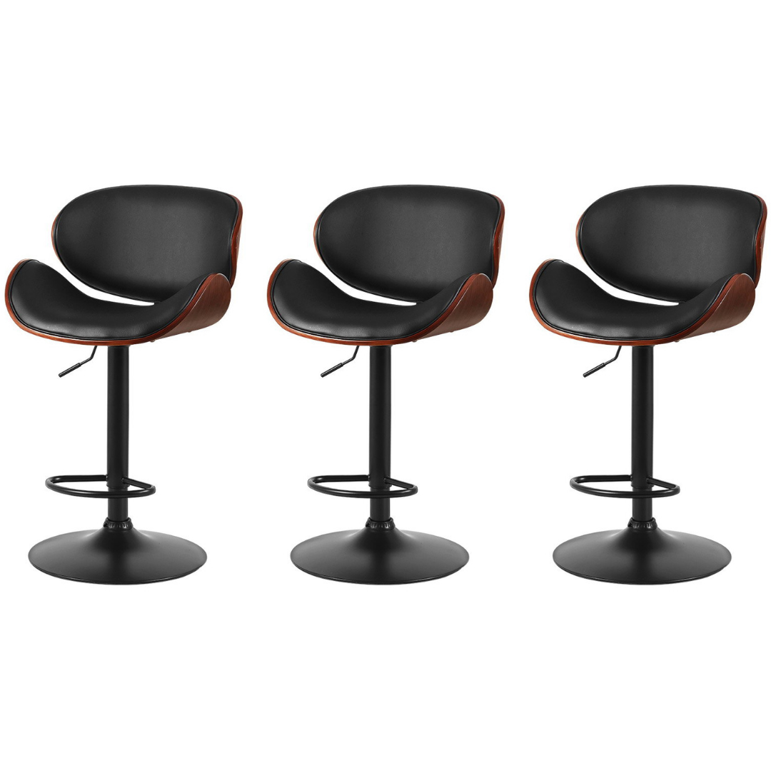 Set of 3 Swivel Gas Lift Bar Stool Back Support Wide Seat Leather & Wooden Vintage - Black