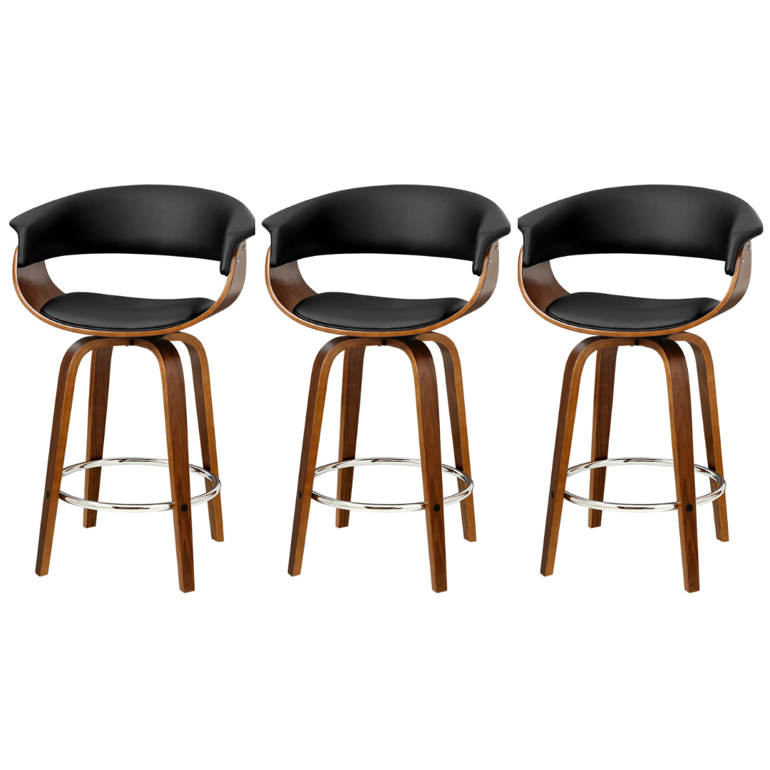 Set of 3 Swivel PU Leather & Wooden Bar Stool - Black