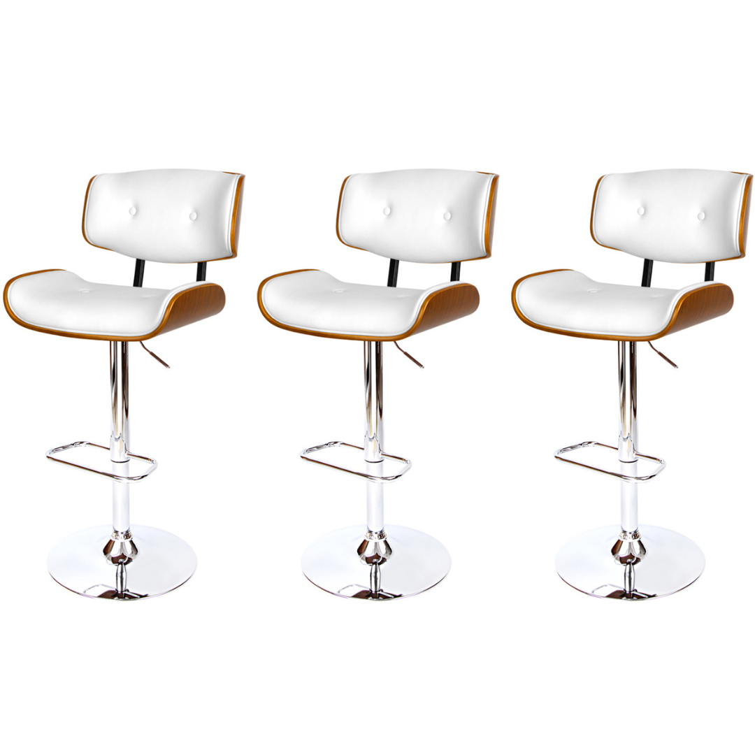 Set of 3 Swivel Gas Lift Bar Stool Wooden PU Leather Back Support - White