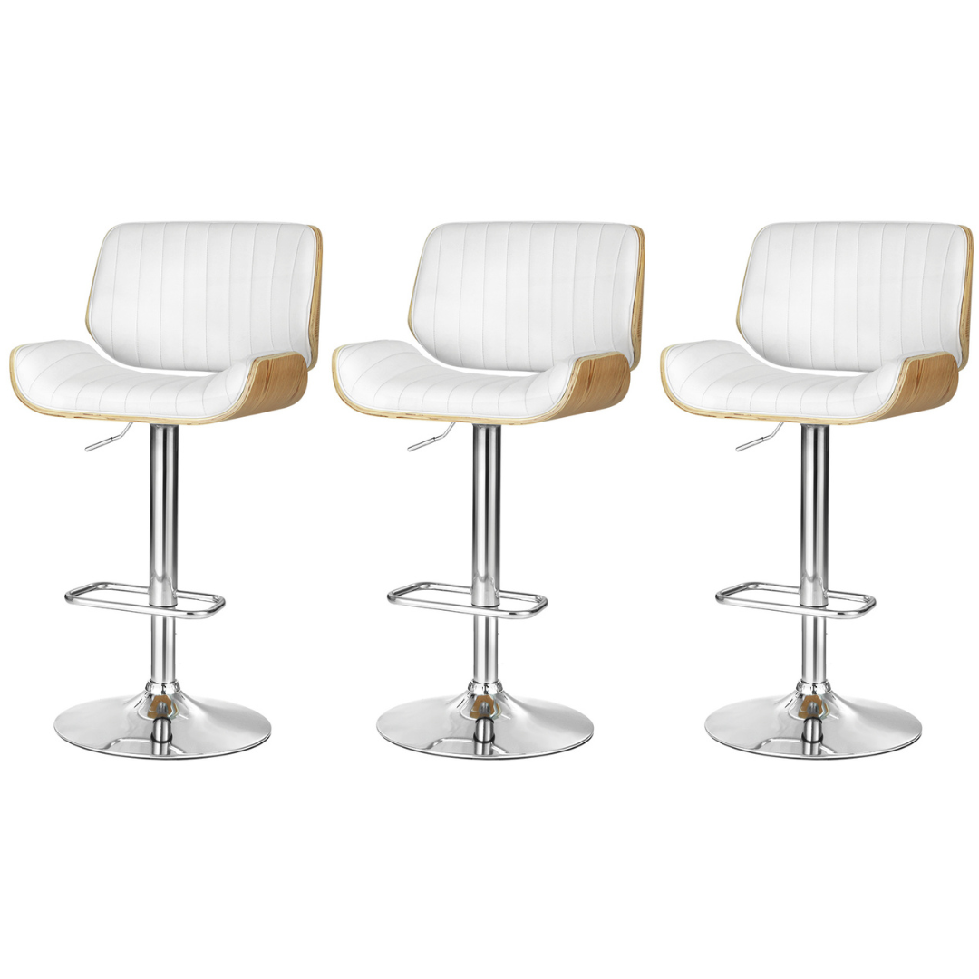 Set of 3 Swivel Gas Lift Bar Stool PU Leather & Wooden Stool - White