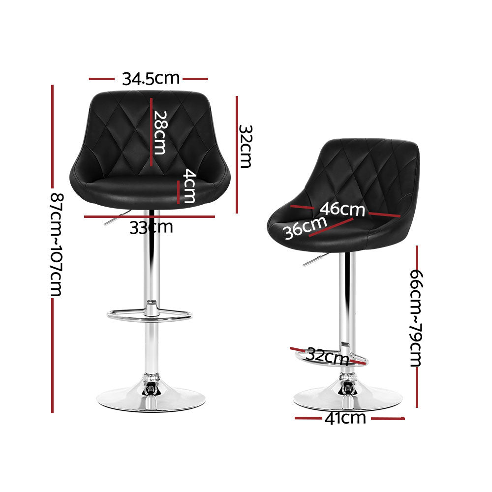 4x Bar Stools Leather Padded - Gas Lift - Black