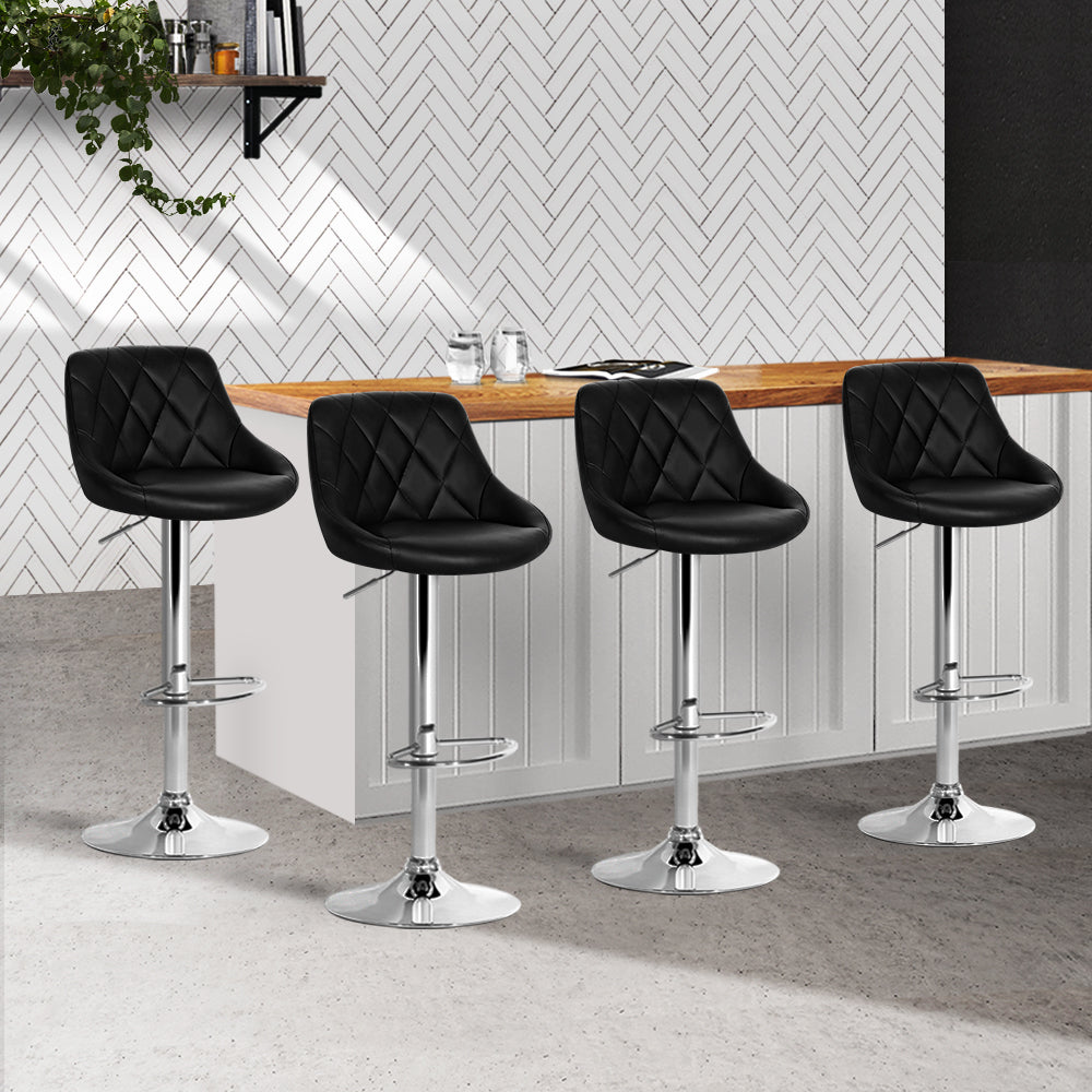 4x Bar Stools Leather Padded - Gas Lift - Black