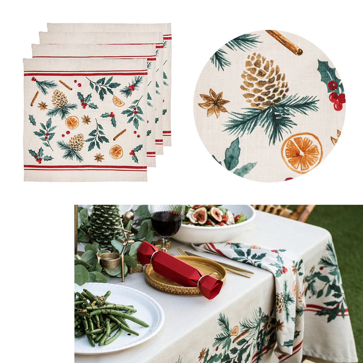 Set of 4 Christmas Festive Evergreen 100% Cotton Napkins 45 x 45 cm