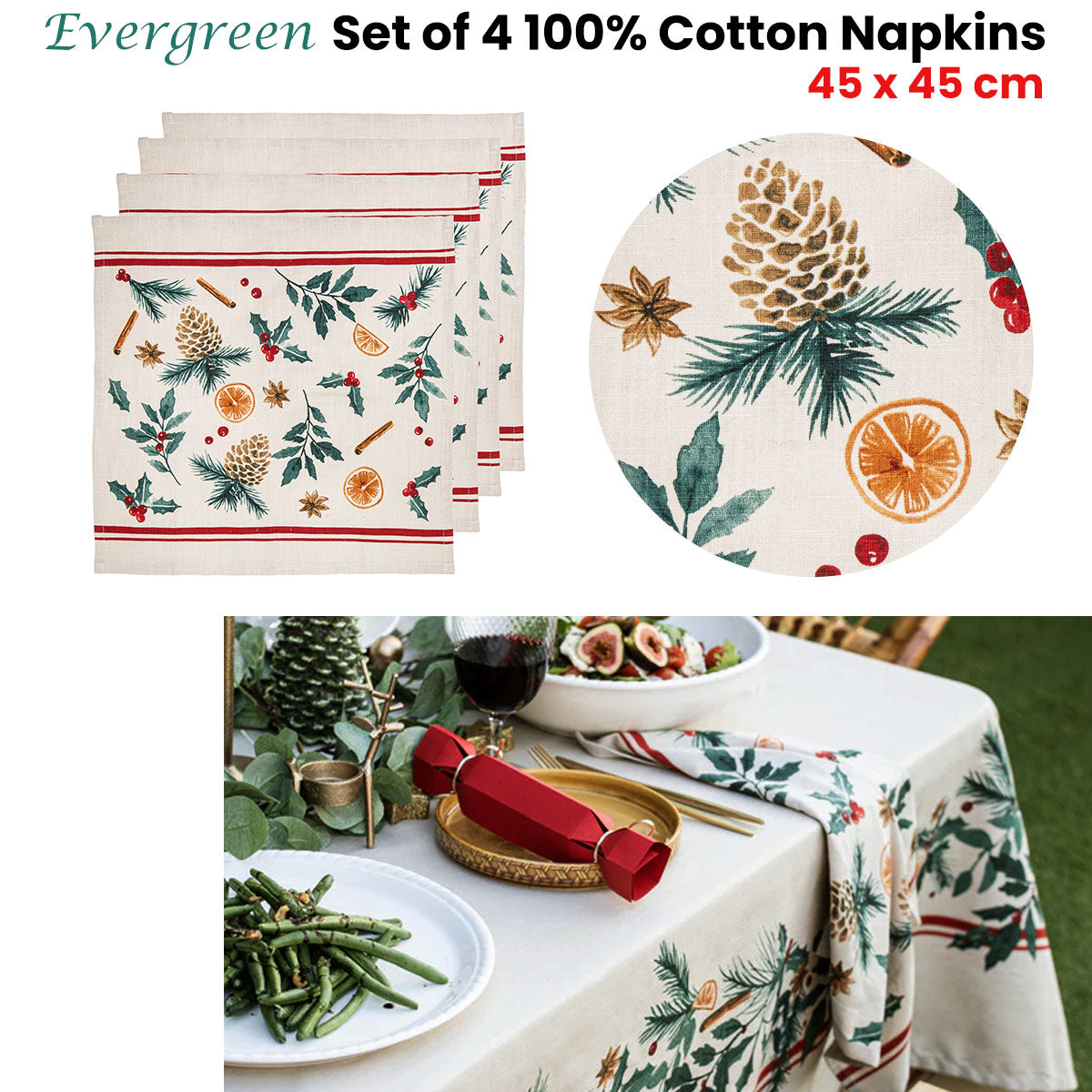 Set of 4 Christmas Festive Evergreen 100% Cotton Napkins 45 x 45 cm