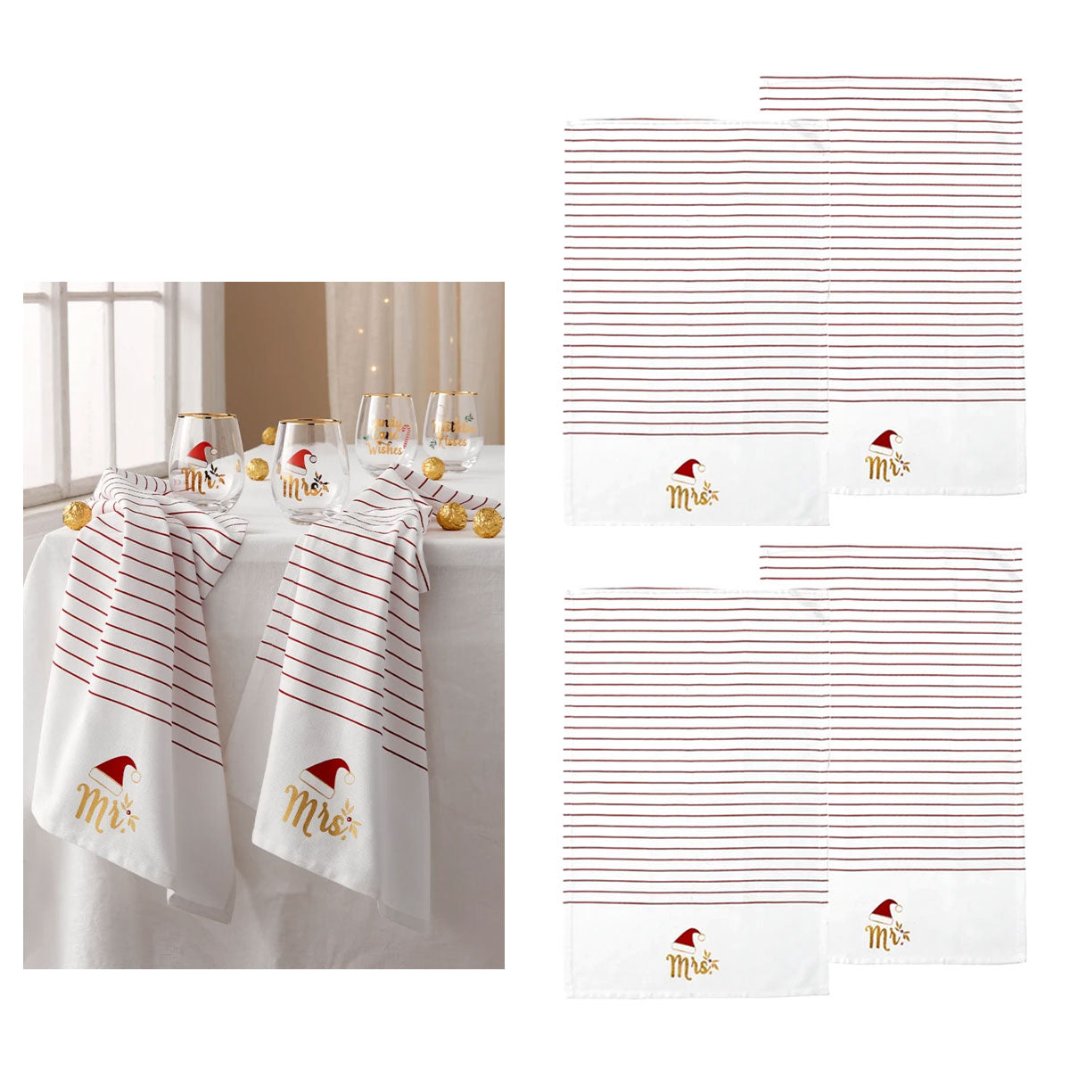 Mr & Mrs Christmas Hat Set of 4 Cotton Kitchen Towels 45 x 70 cm