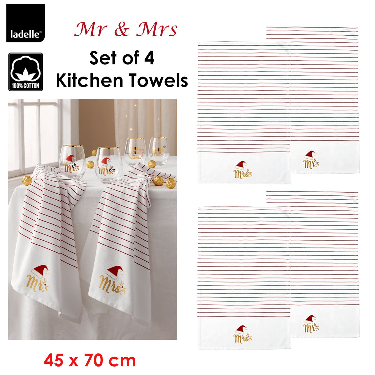 Mr & Mrs Christmas Hat Set of 4 Cotton Kitchen Towels 45 x 70 cm