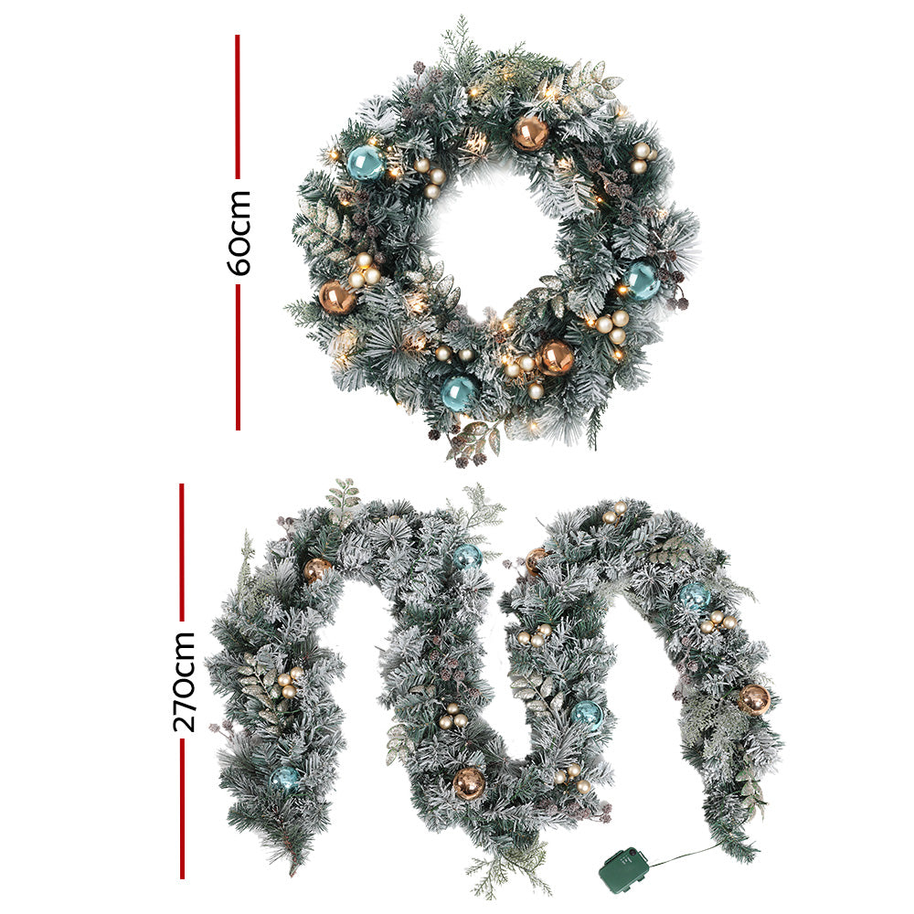 2.7M Christmas Garland with Wreath Set LED Lights Snowy Xmas Decor