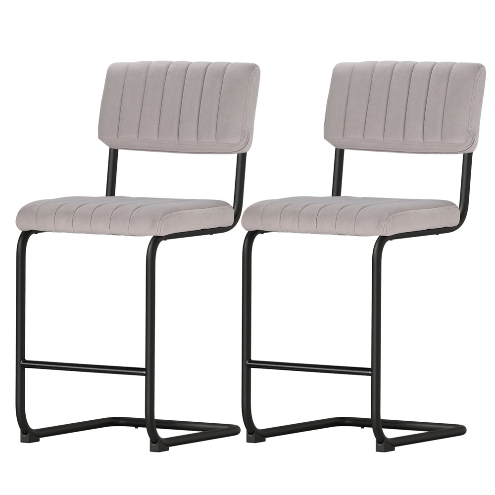 2x Velvet Padded High Backed Bar Stools - Light Grey