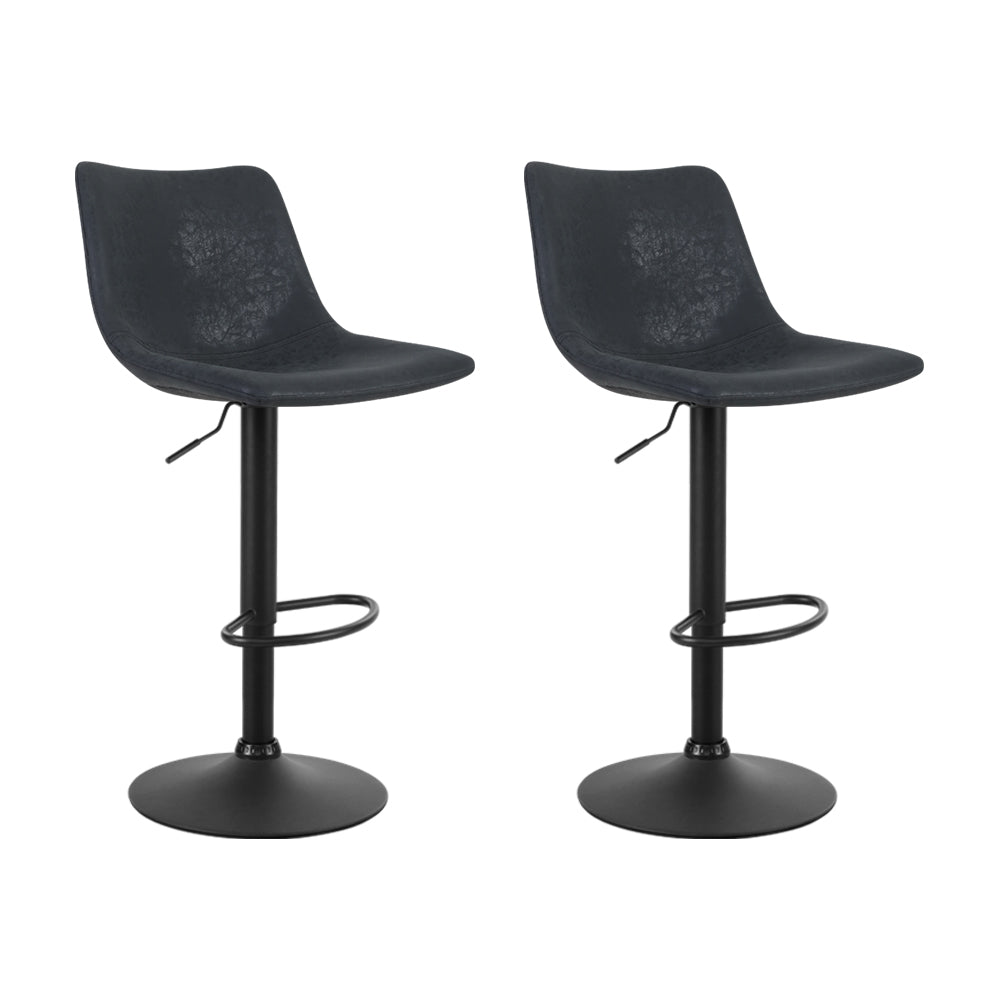 2x Swivel Gas Lift Bar Stools Vintage PU Leather Back Support - Black