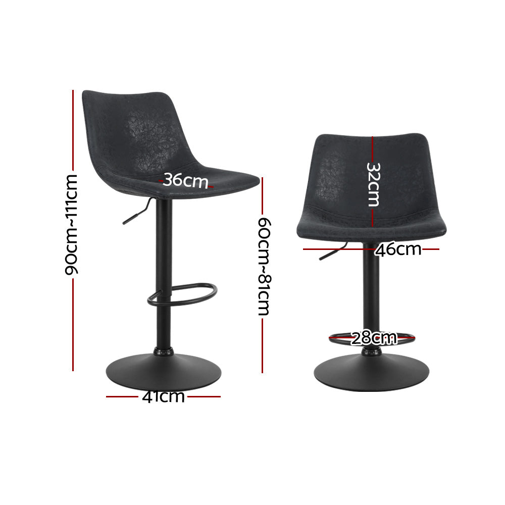 2x Swivel Gas Lift Bar Stools Vintage PU Leather Back Support - Black