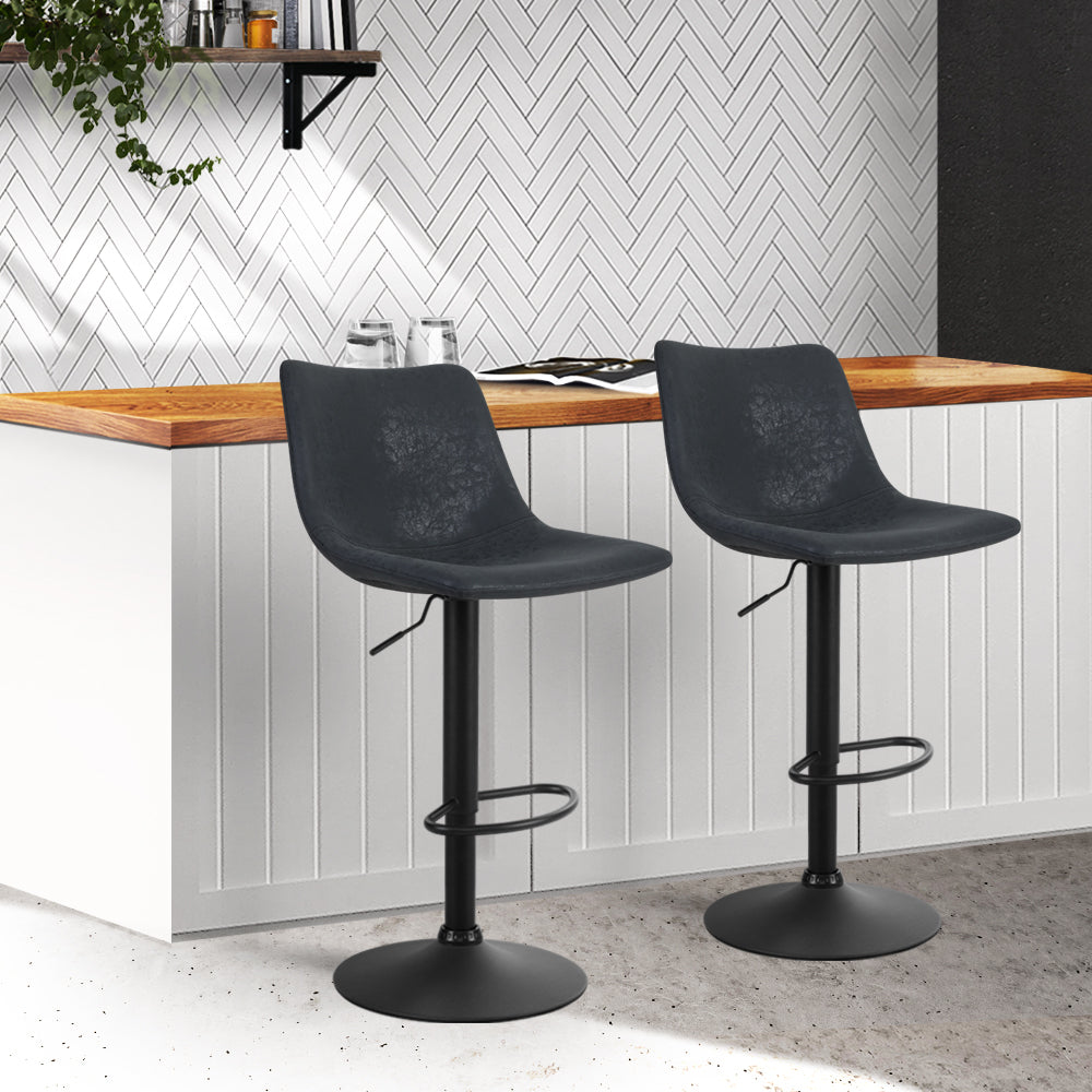 2x Swivel Gas Lift Bar Stools Vintage PU Leather Back Support - Black