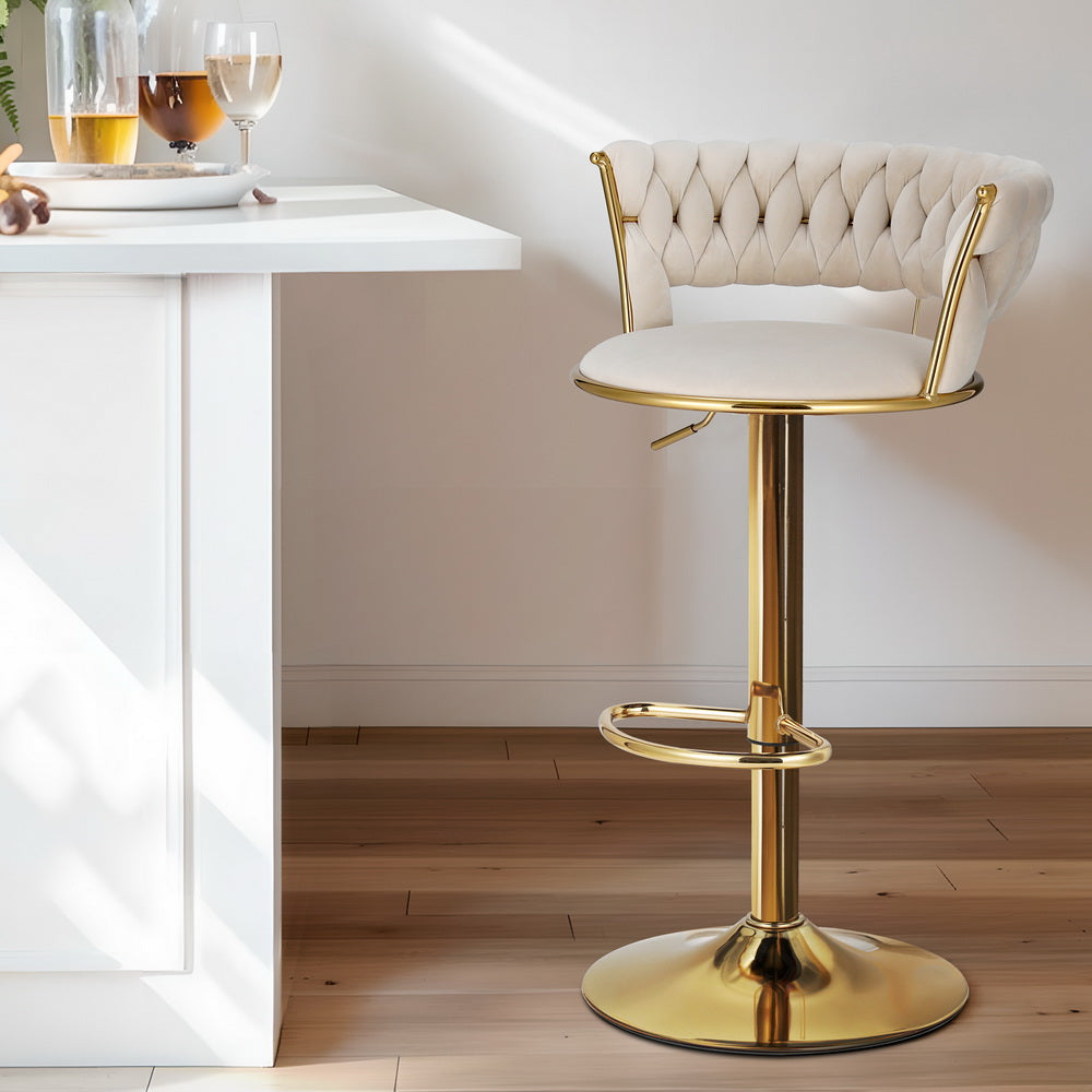 Single Velvet Woven Backrest Gas Lift Swivel Bar Stool - Beige