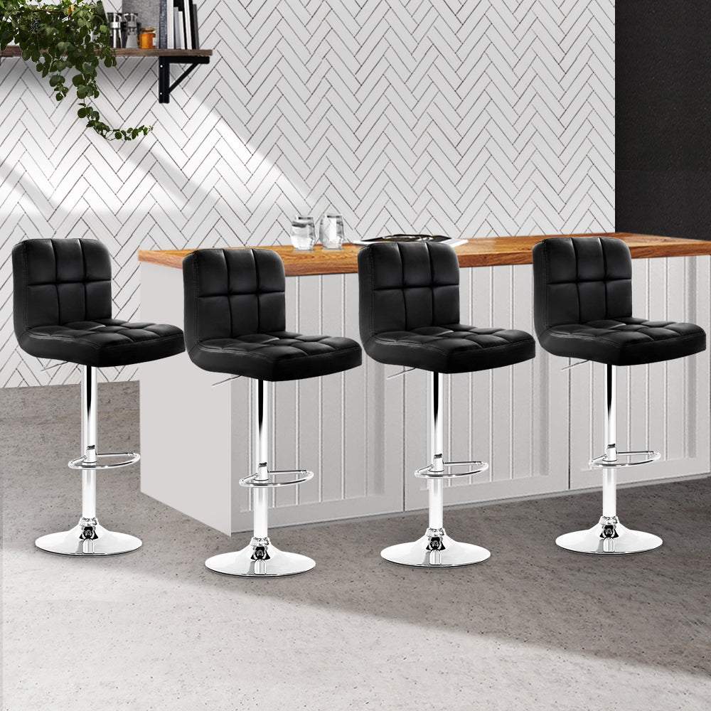 4x Swivel Gas Lift Bar Stools PU Leather Back Support - Black