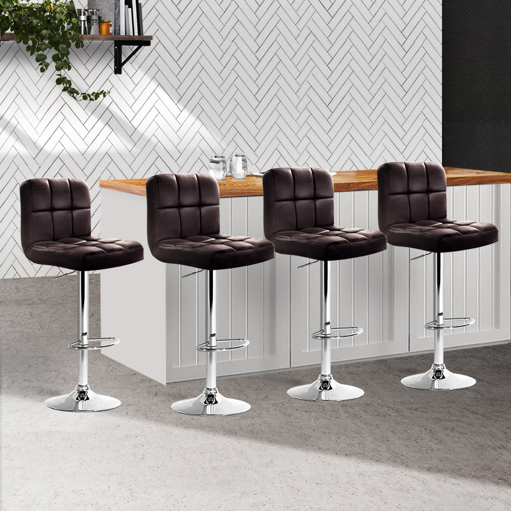 4x Swivel Gas Lift Bar Stools PU Leather Back Support - Chocolate Brown