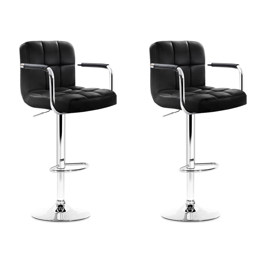 2x Swivel Gas Lift Bar Stools PU Padded Leather Back & Armrest - Black