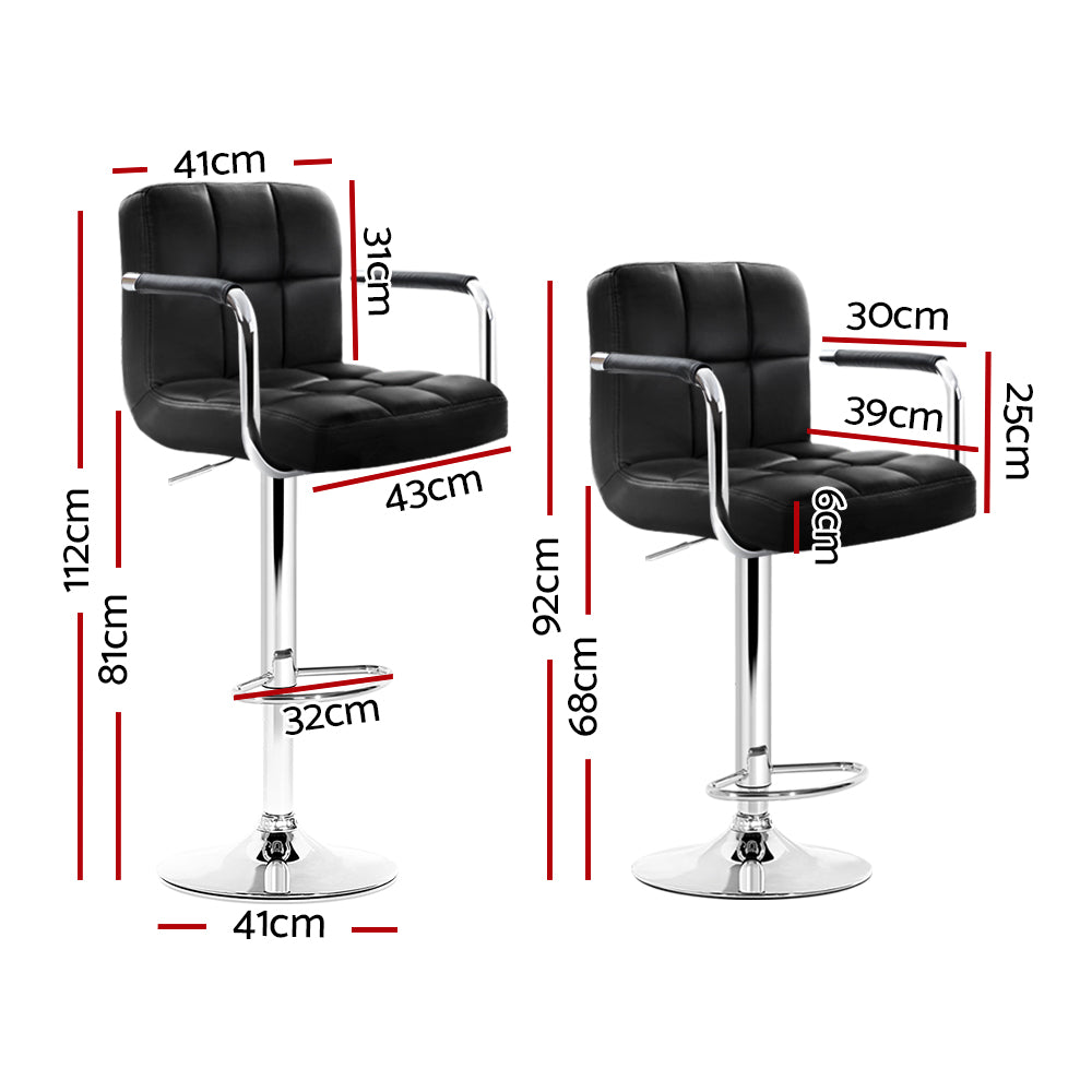 2x Swivel Gas Lift Bar Stools PU Padded Leather Back & Armrest - Black