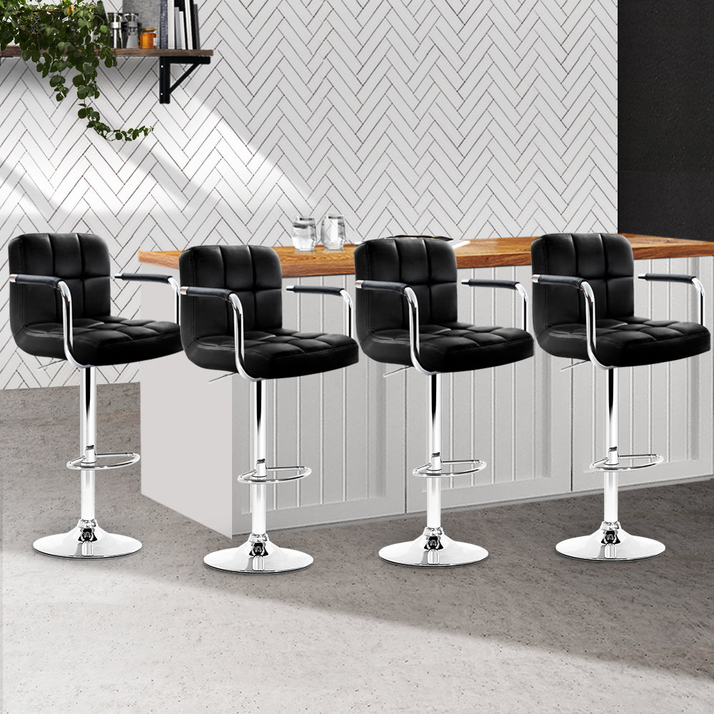 4x Swivel Gas Lift Bar Stools PU Padded Leather Back Arm Support - Black