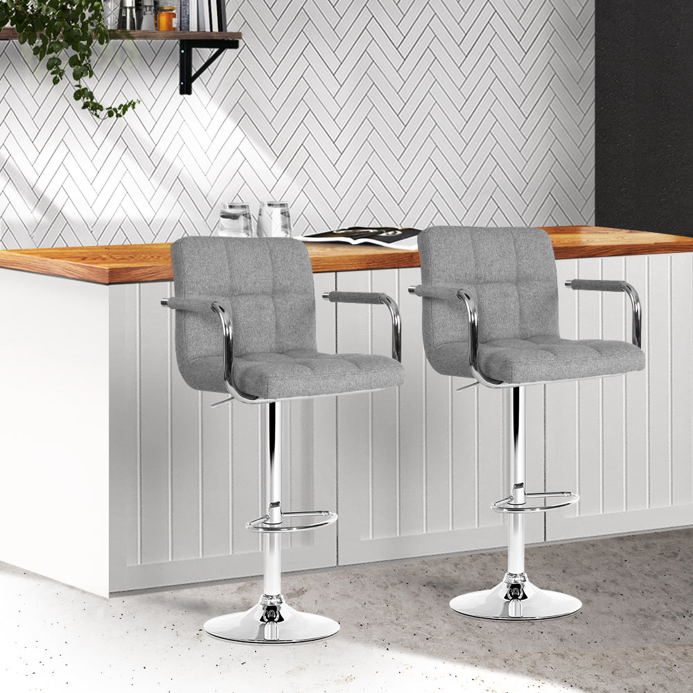 2x Swivel Gas Lift Bar Stools Soft Faux Linen Fabric Back & Arm Support - Grey