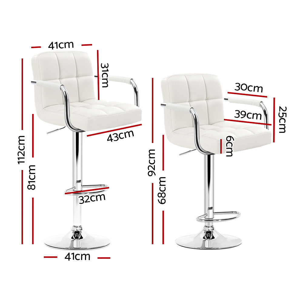 2x Swivel Gas Lift Bar Stools PU Padded Leather Back and Armrest - White