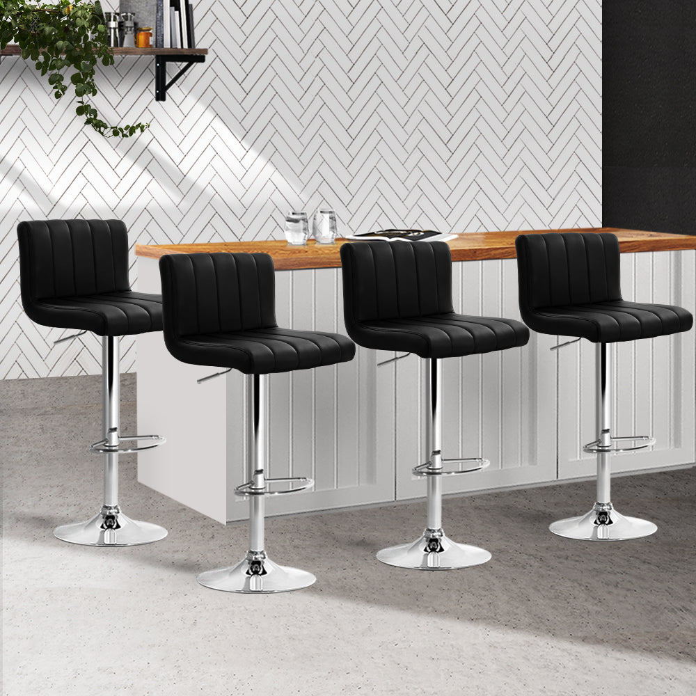 4x Swivel Gas Lift Bar Stools PU Leather Padded Back Support - Black