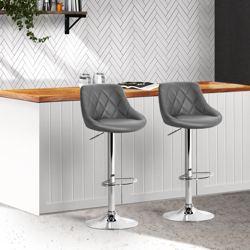 2x Swivel Gas Lift Bar Stools PU Leather Padded Back Support - Grey