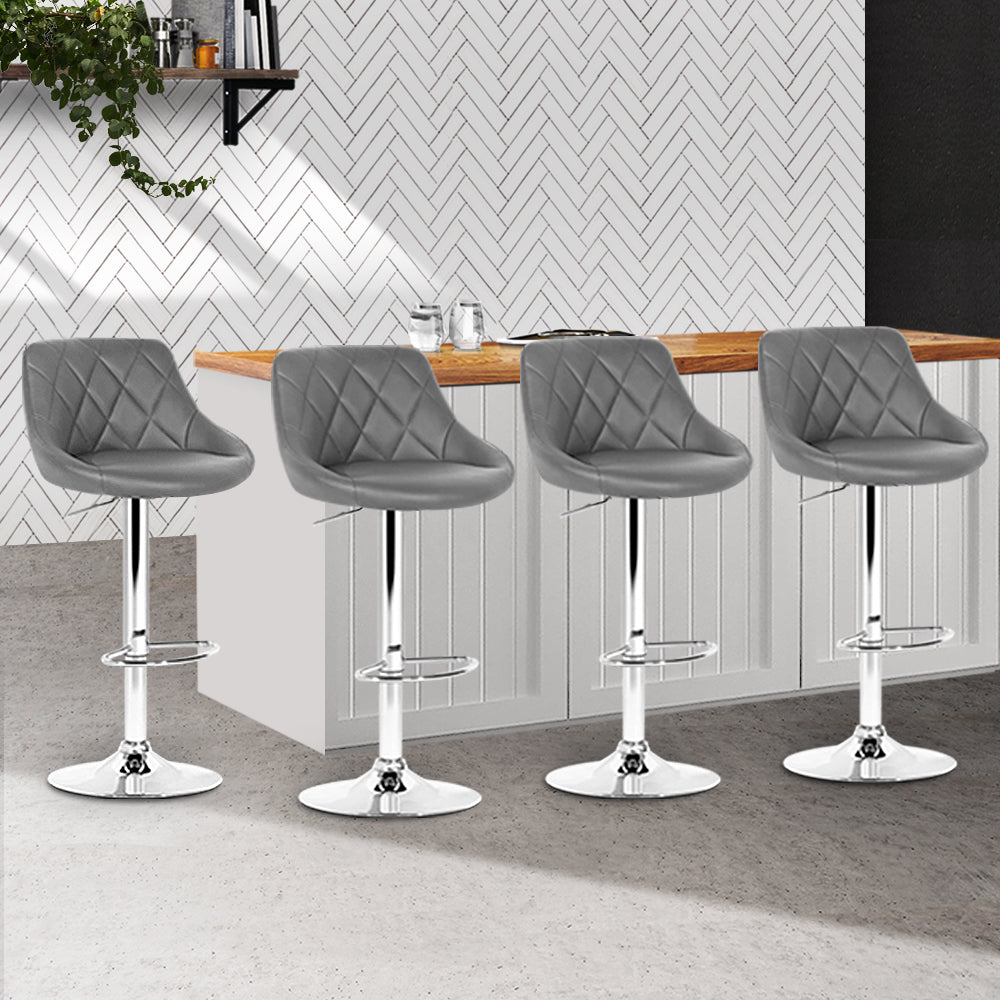 4x Swivel Gas Lift Bar Stools PU Leather Padded Back Support - Grey