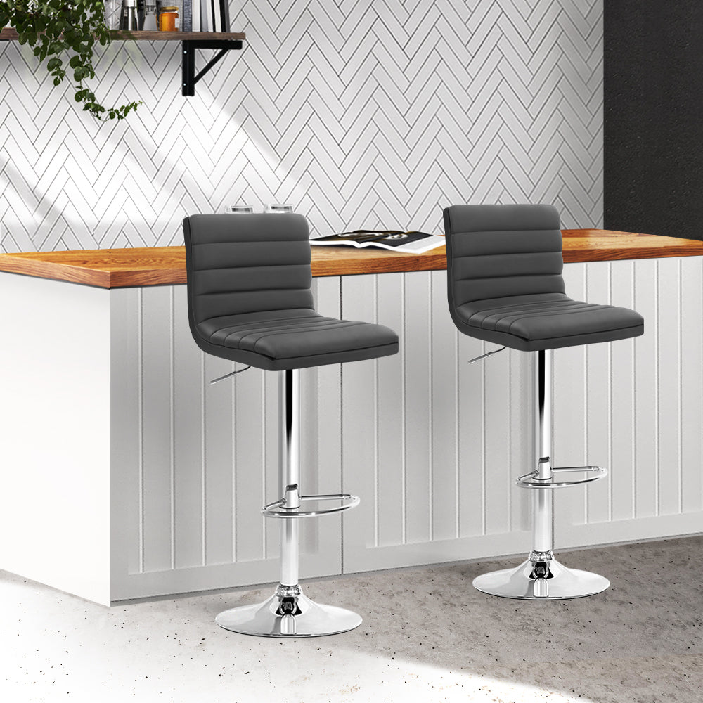 2x Swivel Gas Lift Bar Stools PU Padded Leather - Grey