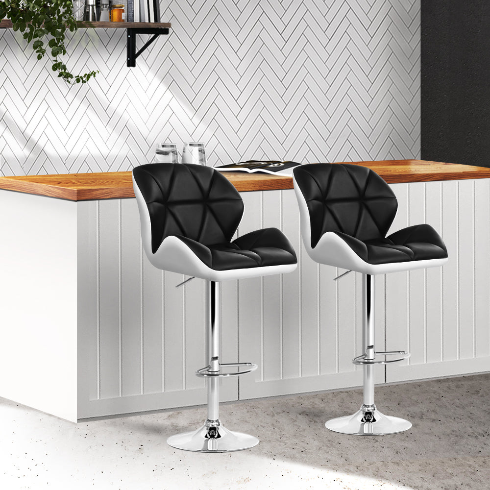 2x Swivel Gas Lift Bar Stools Padded PU Leather Back & Foot Support - Black & White