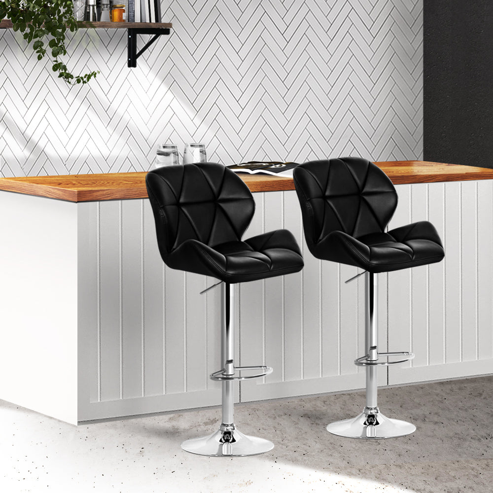 2x Swivel gas Lift Bar Stools Padded PU Leather with Back Support - Black