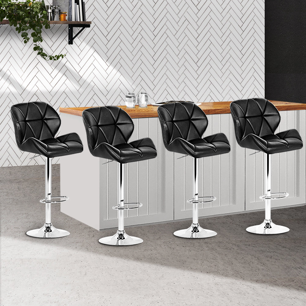 4x Swivel Gas Lift Bar Stools PU Padded Leather Back Support - Black