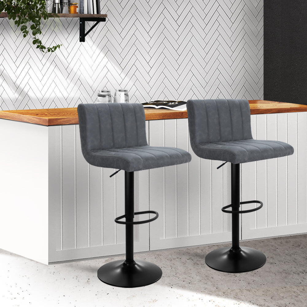 2x Swivel Gas Lift Bar Stools Vintage PU Leather Back Support - Grey