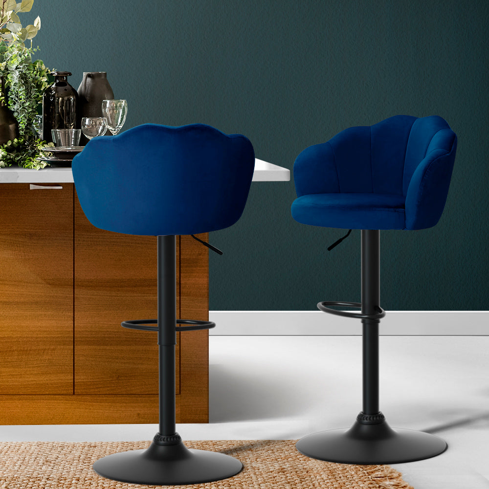 2x Swivel Gas Lift Bar Stools Wide Seat Velvet back Support - Royal Blue