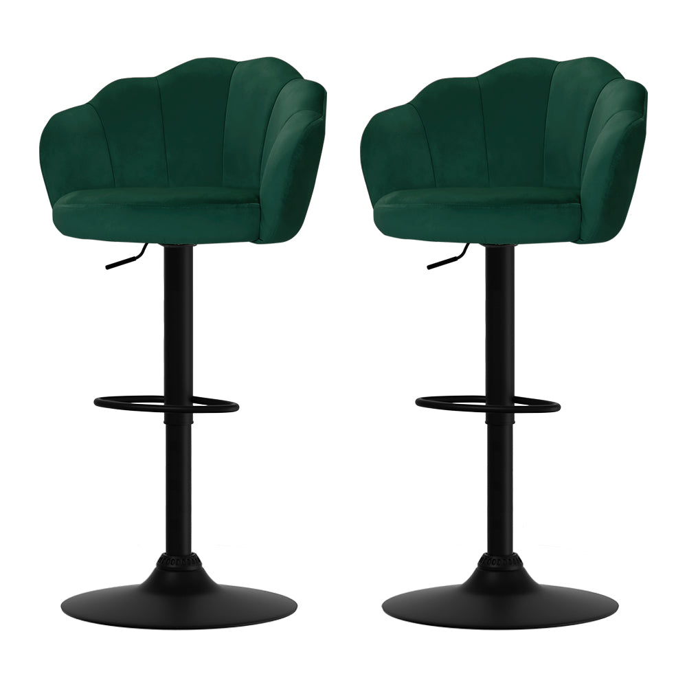 2x Swivel Gas Lift Bar Stools Velvet Wide Seat Back Support - Emerald Green