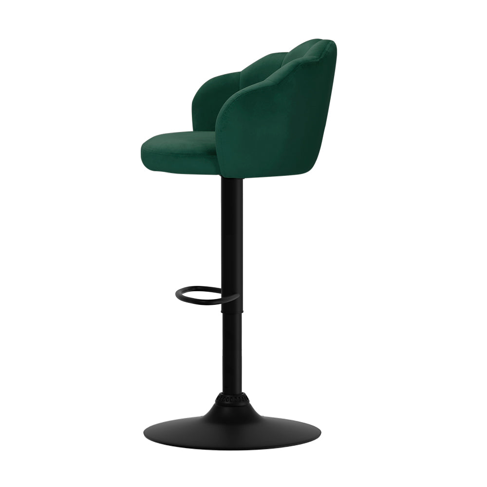 2x Swivel Gas Lift Bar Stools Velvet Wide Seat Back Support - Emerald Green