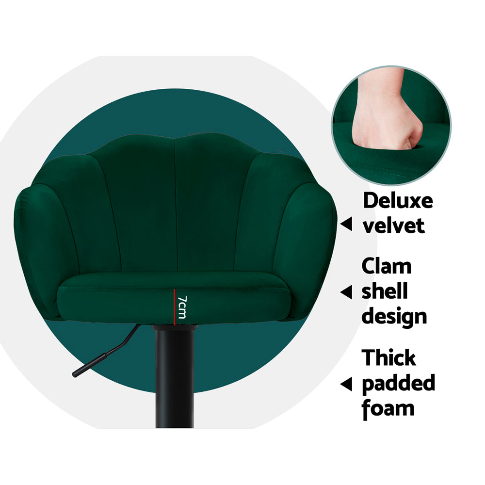 2x Swivel Gas Lift Bar Stools Velvet Wide Seat Back Support - Emerald Green