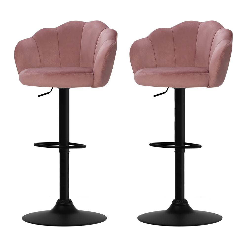 2x Swivel gas Lift Bar Stools Wide Seat Velvet Back Support - Dusty Pink