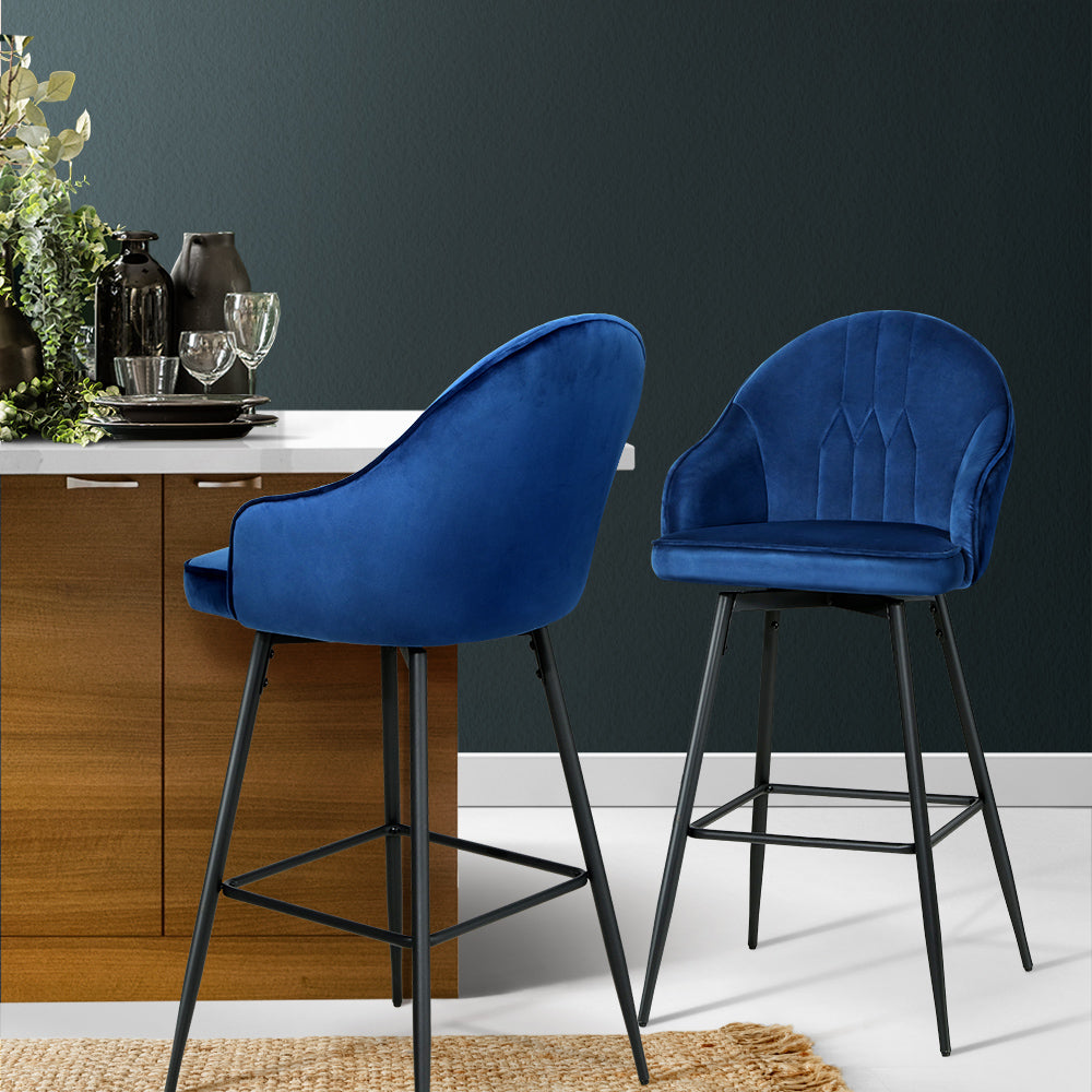 2x Swivel Velvet Bar Stools Metal - Royal Blue