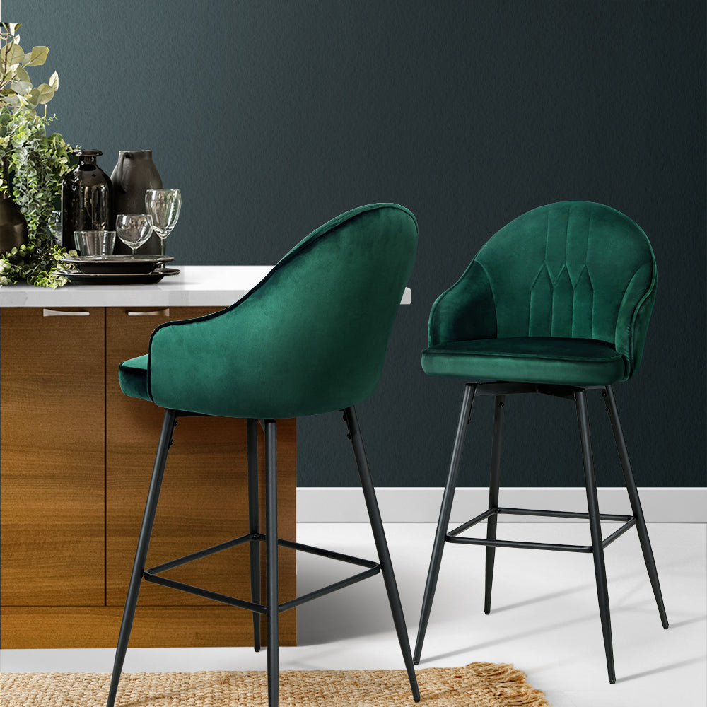 2x Swivel Velvet Bar Stools Metal - Emerald Green