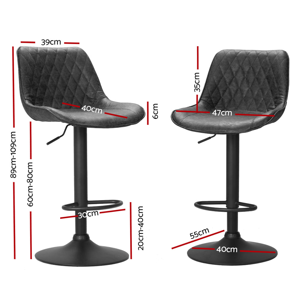 2x Swivel Gas Lift Bar Stools Vintage PU Leather Back Support - Black