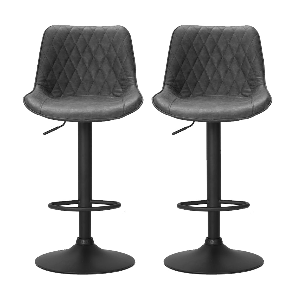 2x Swivel Gas Lift Bar Stools Vintage PU Leather Back Support - Black