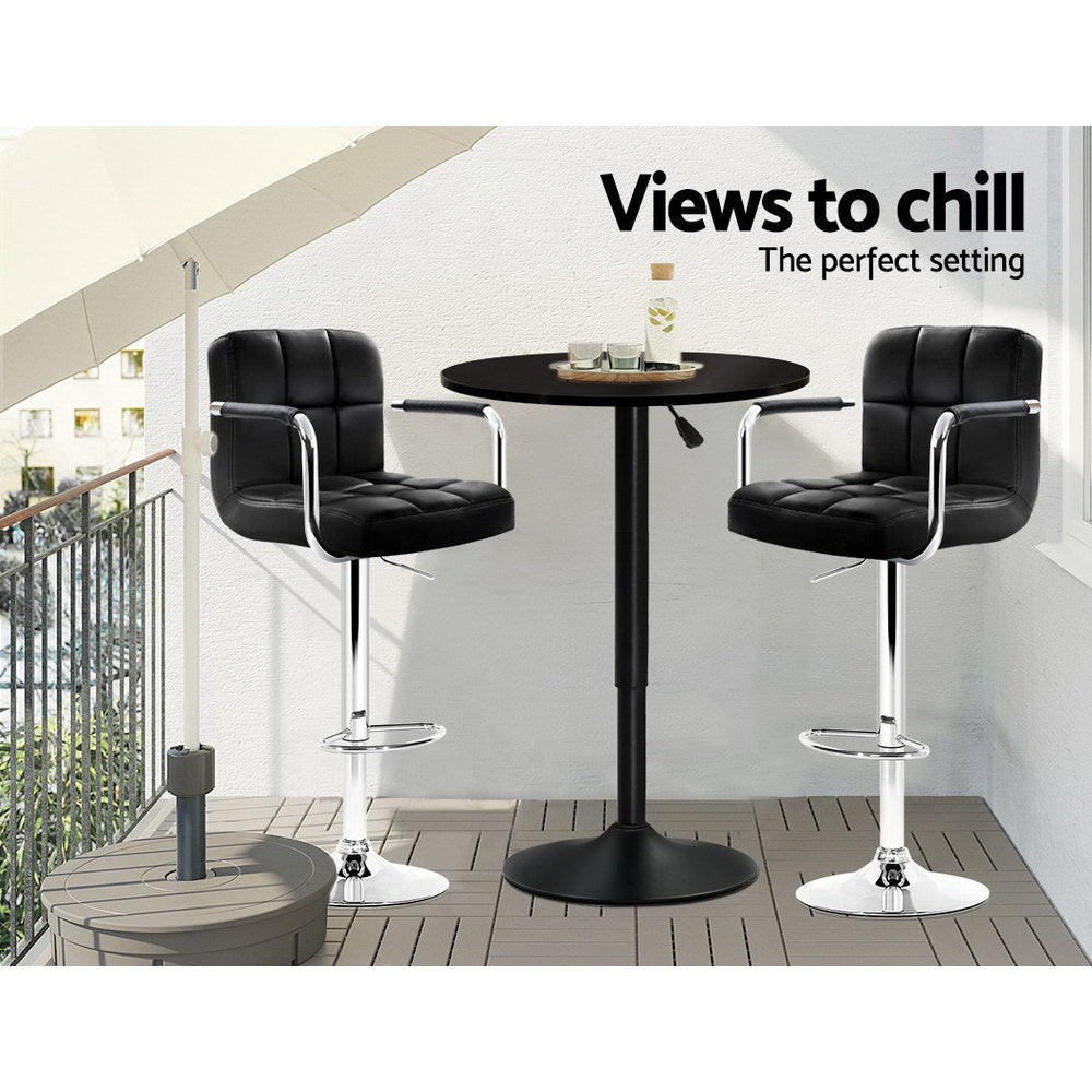 Adjustable Swivel Indoor Outdoor Bar Table Wooden Top Steel Round - Black