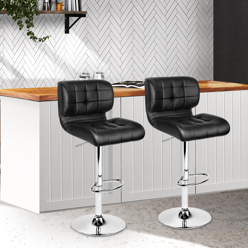 2x Swivel Gas Lift Bar Stools PU Leather Padded Back Support - Black