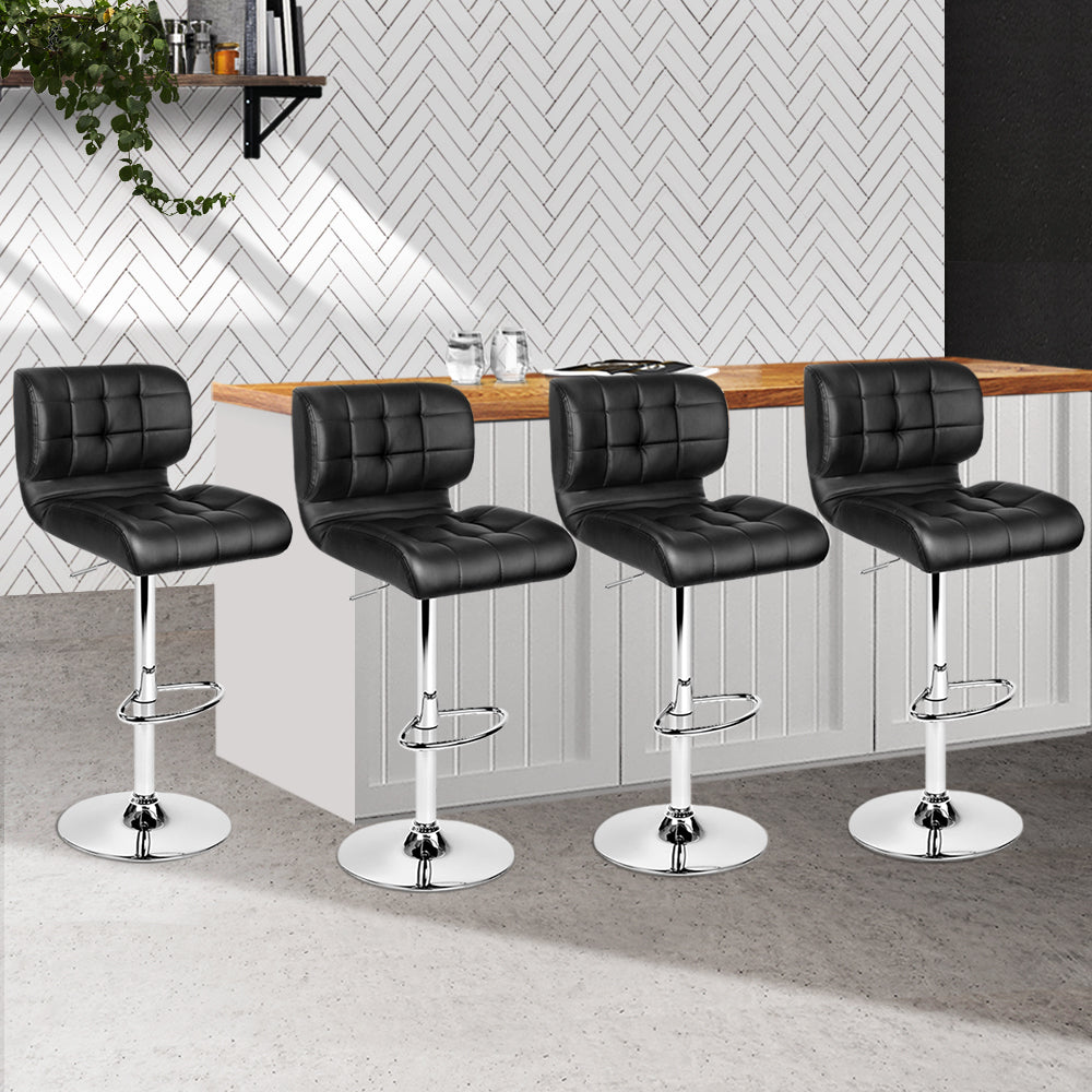 4x Swivel Gas Lift Bar Stools PU Leather Padded Back Support - Black