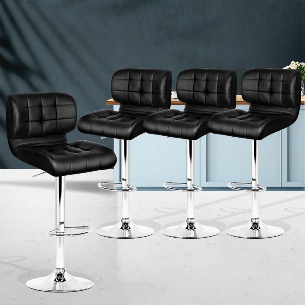 4x Swivel Gas Lift Bar Stools PU Leather Padded Back Support - Black