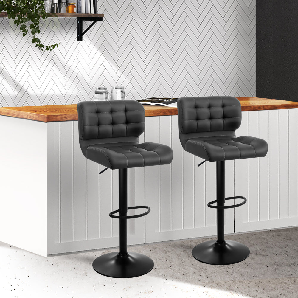 2x Swivel Gas Lift Bar Stools Padded PU Leather with Back Support - Grey