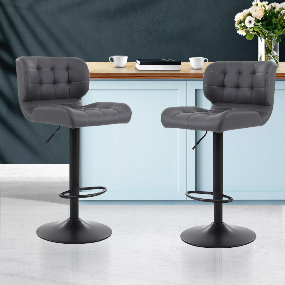 2x Swivel Gas Lift Bar Stools Padded PU Leather with Back Support - Grey